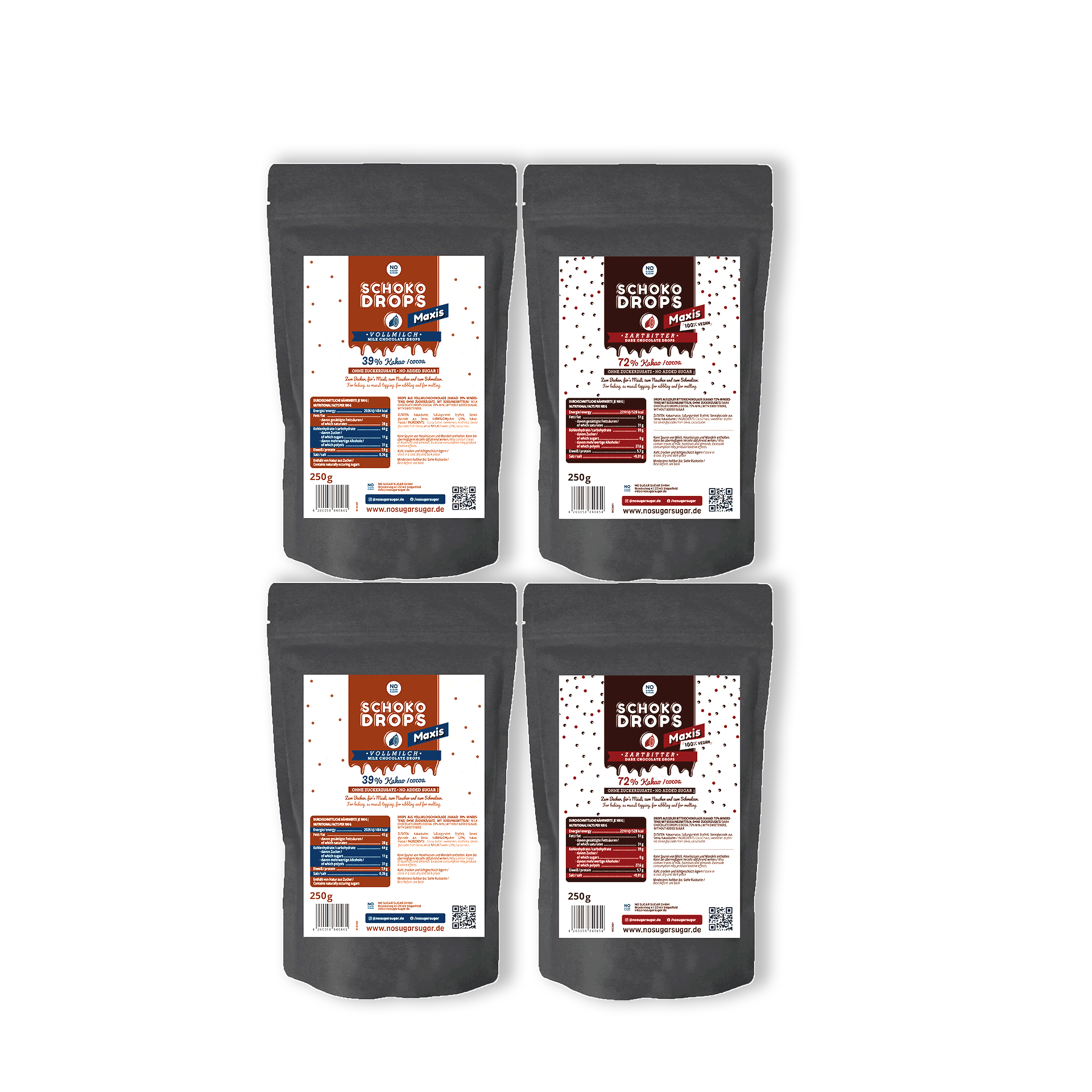NO SUGAR SUGAR Schokodrops Probierset Vollmilch & Zartbitter je 2x250g