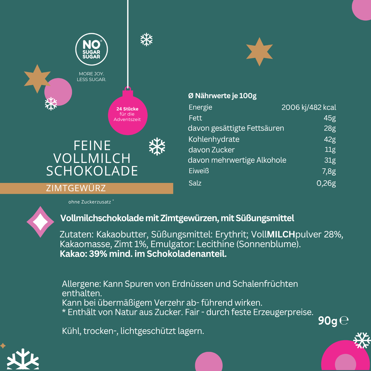 NO SUGAR SUGAR Weihnachtsschokolade Zimt 90g