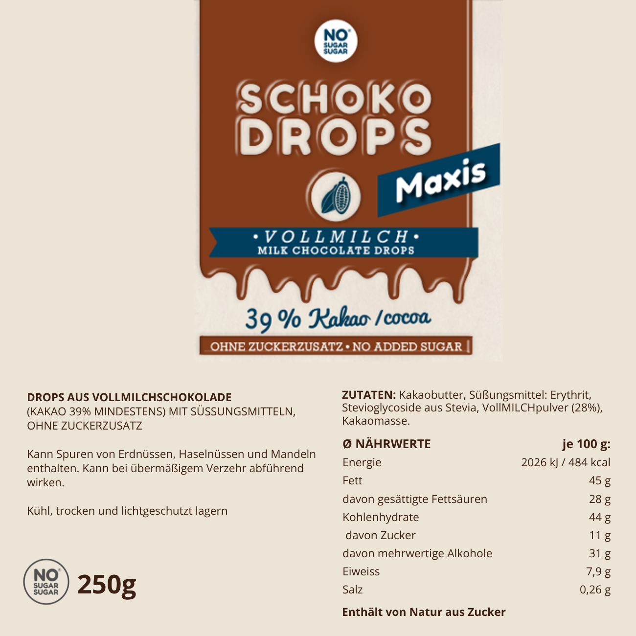 NO SUGAR SUGAR Schokodrops Maxi Vollmilch 250g