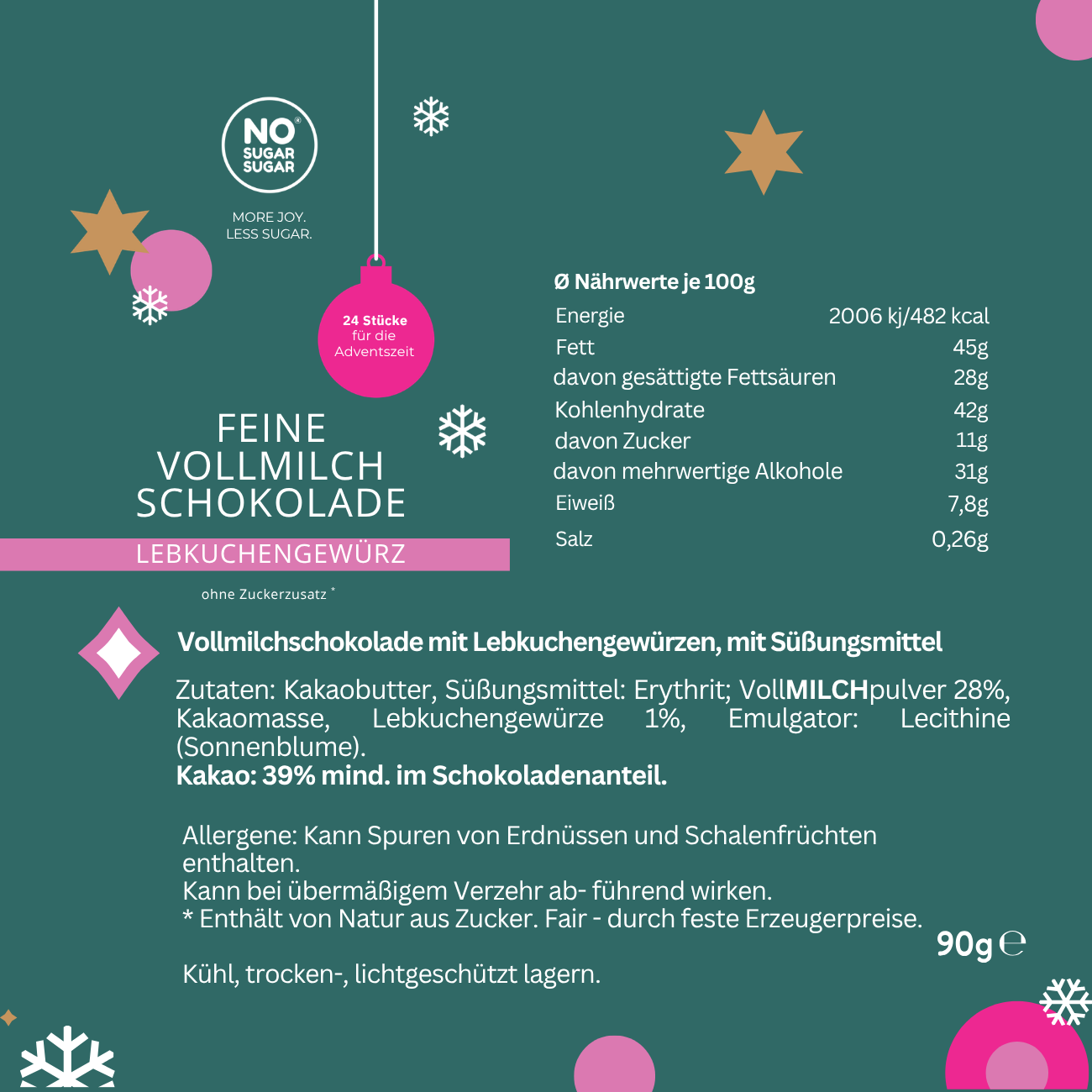 NO SUGAR SUGAR Weihnachtsschokolade Lebkuchen 90g