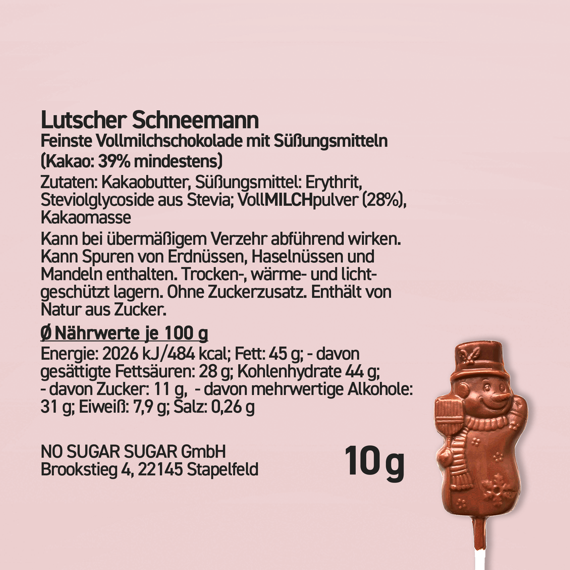 NO SUGAR SUGAR Schokoladen Lolli Schneemann Vollmilch 10g