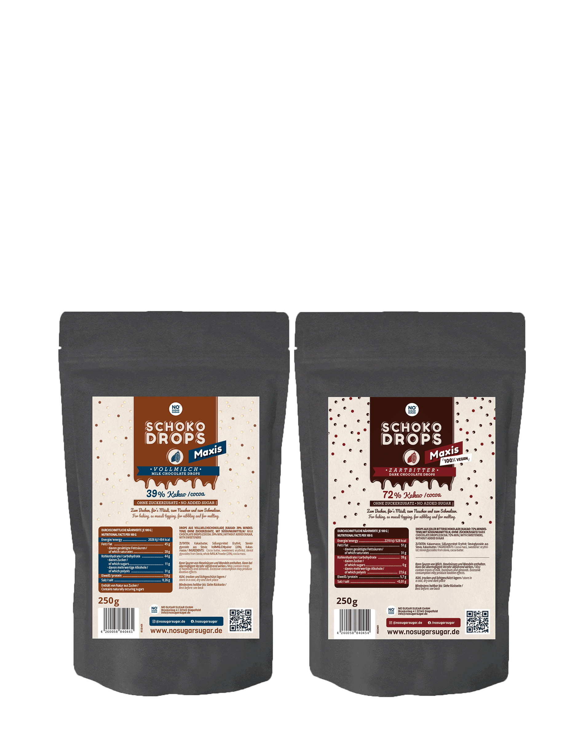 NO SUGAR SUGAR Schokodrops Probierset Vollmilch & Zartbitter je 1x250g