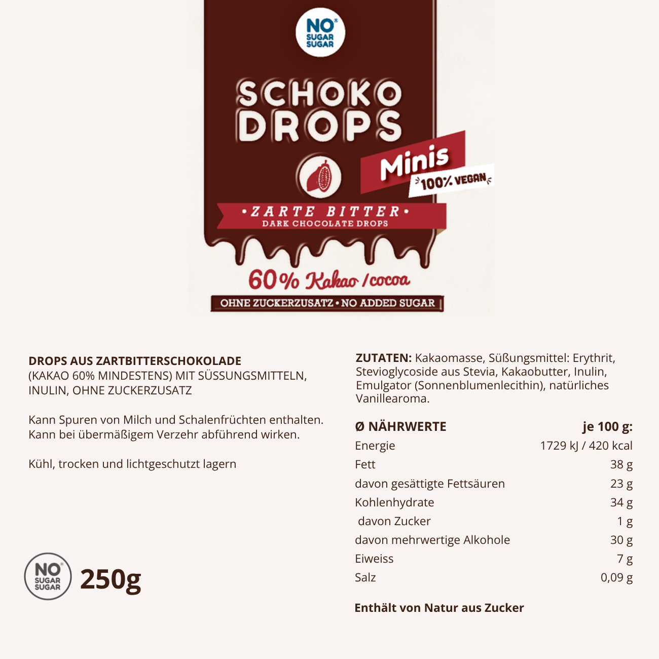 NO SUGAR SUGAR Schokodrops Minis Dunkel 250g