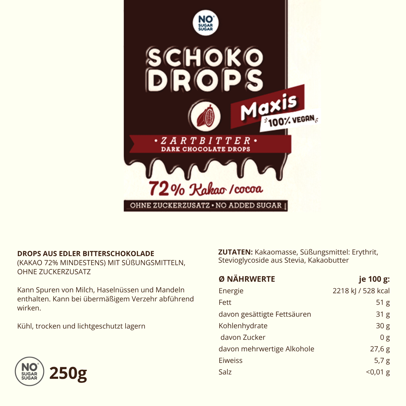 NO SUGAR SUGAR Schokodrops Maxi Dunkel 250g