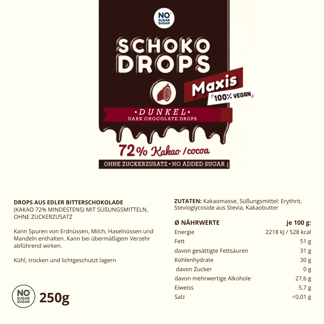NO SUGAR SUGAR Schokodrops Maxi Dunkel 250g