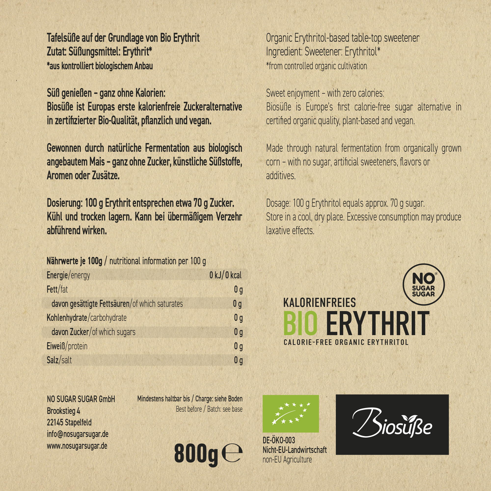 Biosüße Bio Erythrit 800g