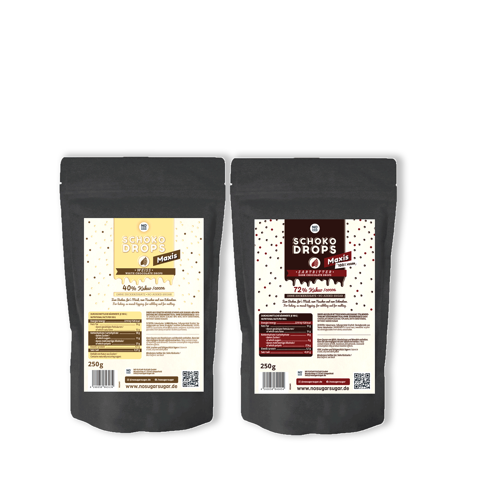 NO SUGAR SUGAR Schokodrops Probierset Zartbitter & Weiß je 1x250g