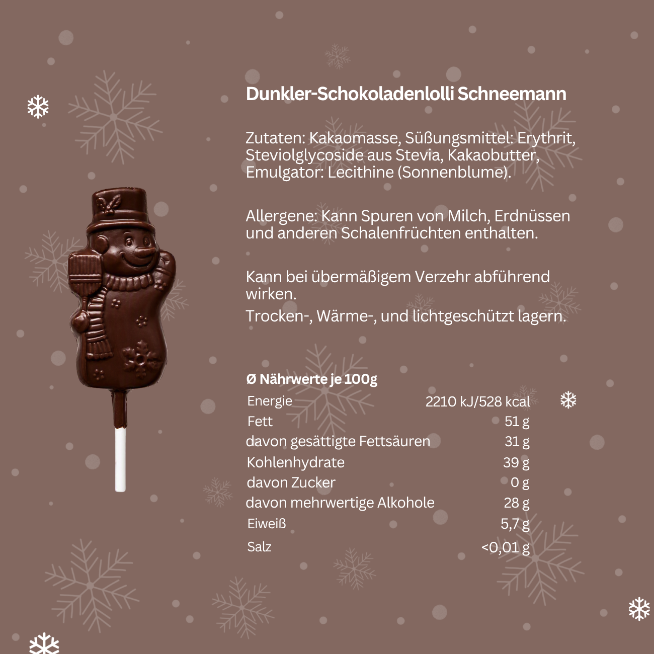 NO SUGAR SUGAR Schokoladen Lolli Schneemann Dunkel 10g