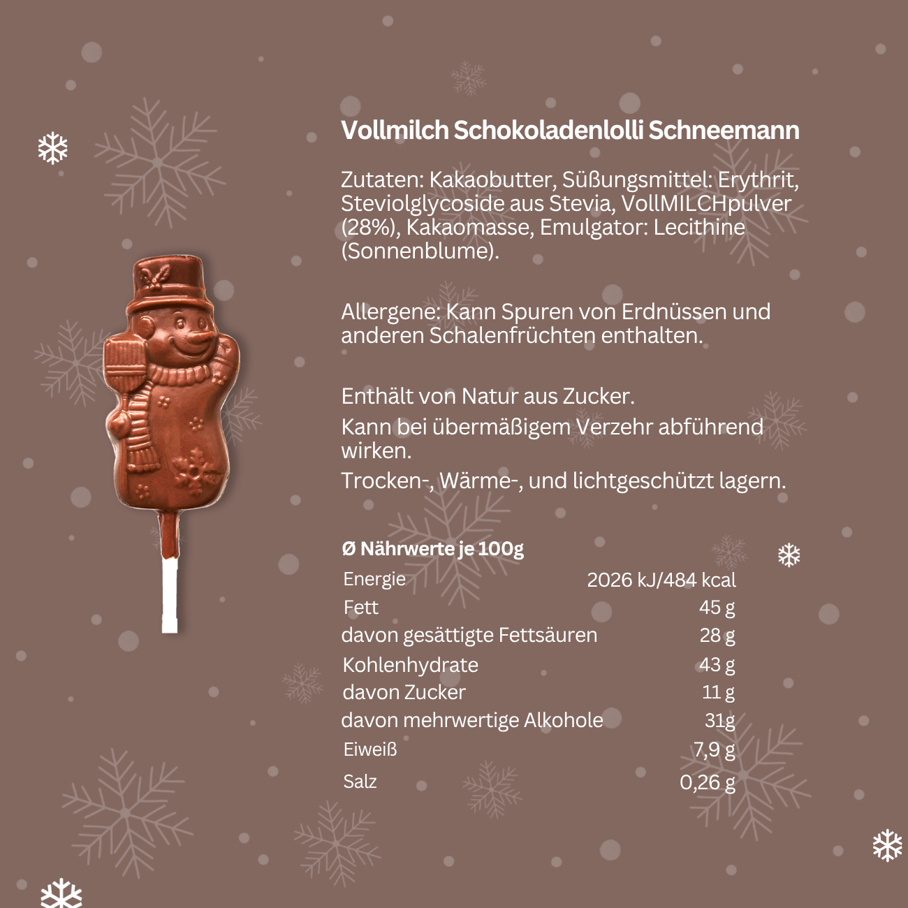 NO SUGAR SUGAR Schokoladen Lolli Schneemann Vollmilch 10g