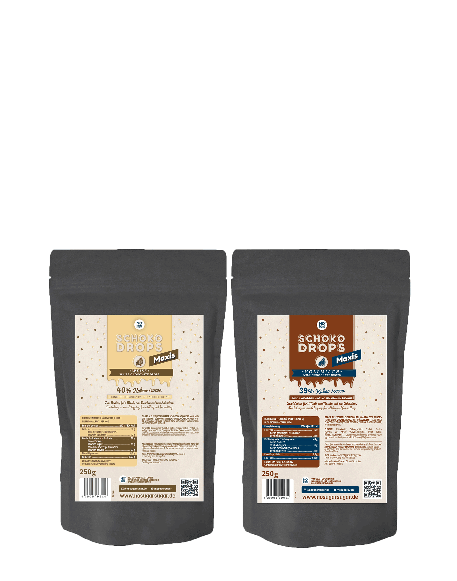 NO SUGAR SUGAR Schokodrops Probierset Vollmilch & Weiß je 1x250g