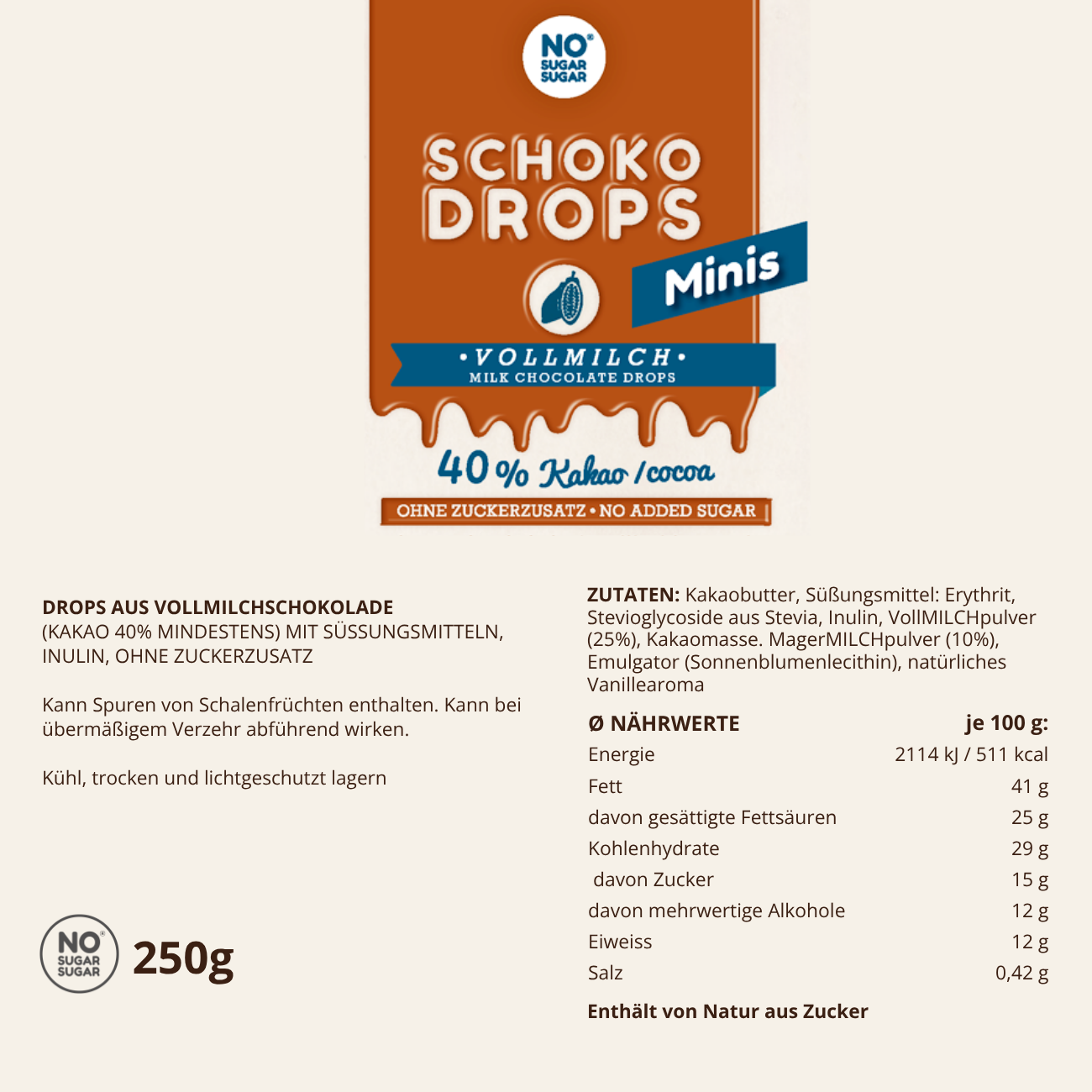 NO SUGAR SUGAR Schokodrops Minis Vollmilch 250g