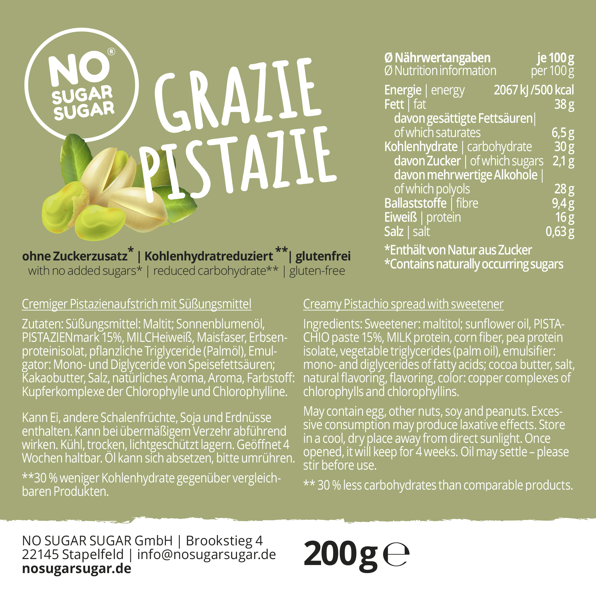NO SUGAR SUGAR Aufstrich Grazie Pistazie 200g