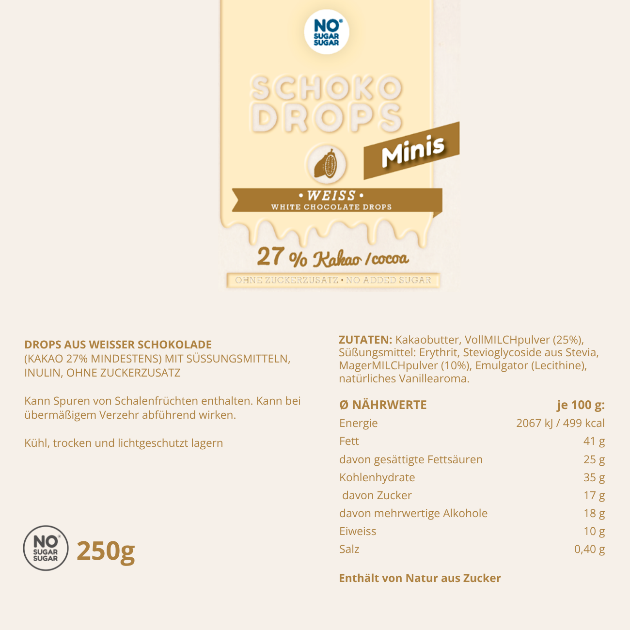 NO SUGAR SUGAR Schokodrops Minis Weiß 250g