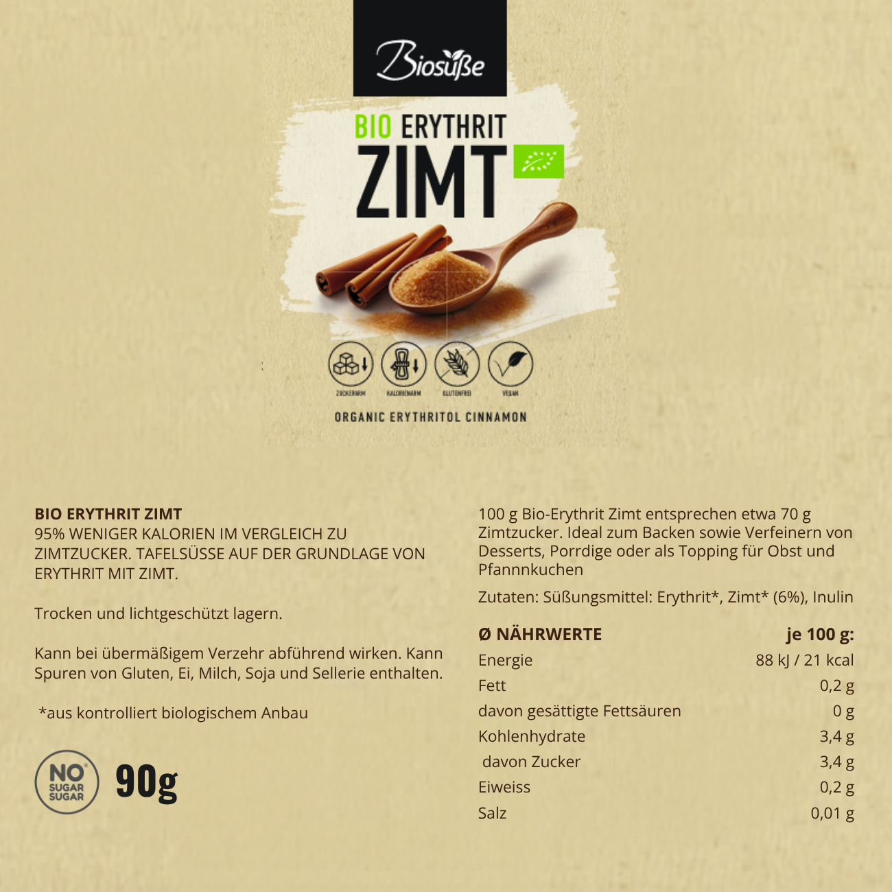 Biosüße Bio Erythrit Zimt 90g