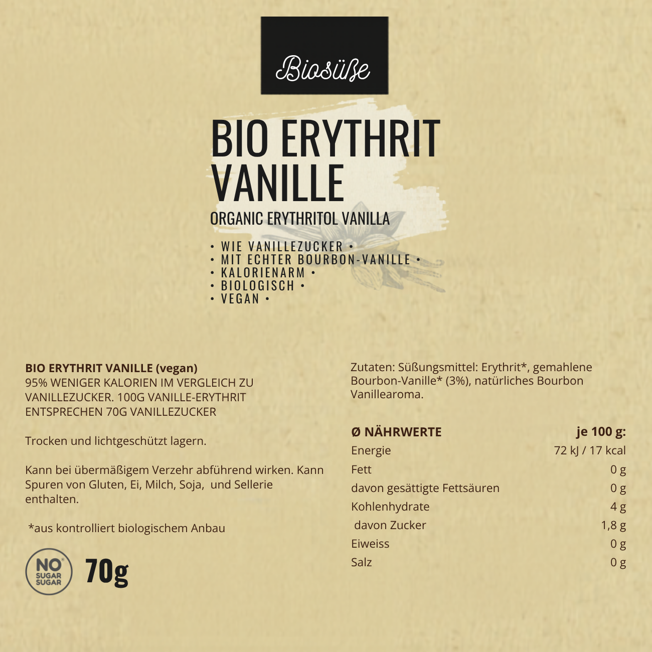 Biosüße Bio Erythrit Vanille 70g