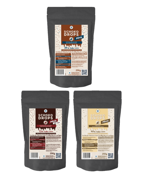 3er Pack Schokodrops Minis Vollmilch, Weiß, Zartbitter 250g