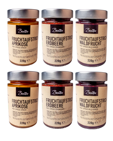 6er Set Biosüße Bio-Fruchtaufstriche je 2x Erdbeere, Aprikose, Waldfrucht